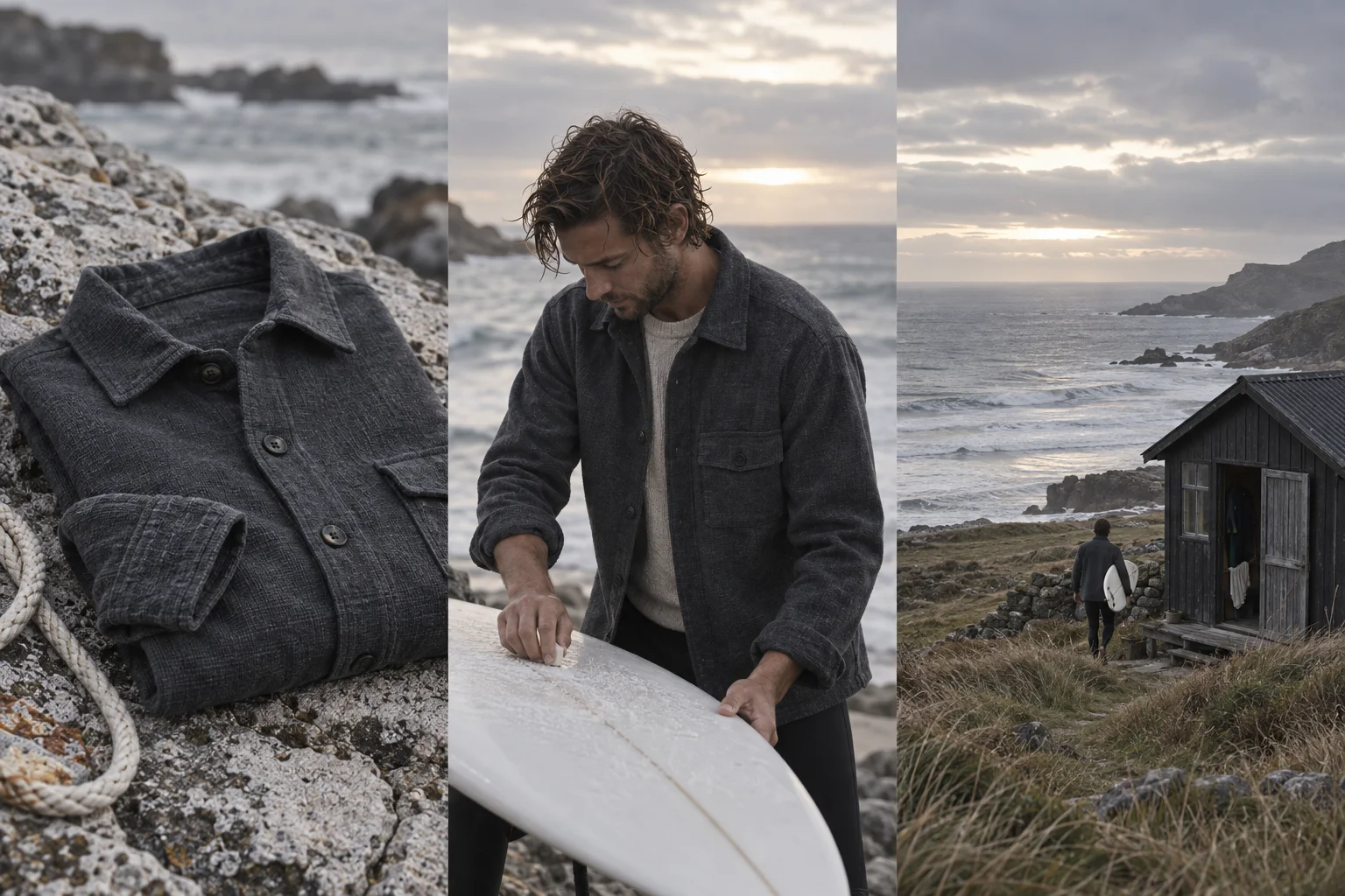 A coastal apparel concept: textured charcoal fabric, a person with a surfboard, and a quiet coastal setting.